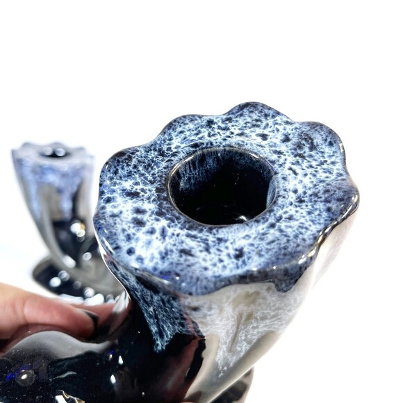 Anna Van Briggle Pottery BLACK Drip Horn Cornucopia Candle Holder Pair RARE VTG - Picture 8 of 12